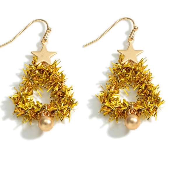 Gold Fuzzy Christmas Tree Drop Earrings with Gold Star Accents - Picture 1 of 3